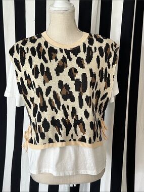 Zara Cream Leopard Knit Short Sleeve Vest with Brown and Black Spots